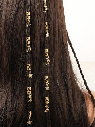 10pcs Eid Mubarak Gold Tone Totem Star Moon Tassel Decor Set, Bohemian Cute Hiphop Hair Clips, Headband, Hair Rings, Braided Rings, Eid Gift, Party Accessories
