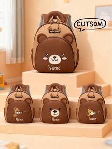 1pc Mini Casual Multipurpose Black & Brown Backpack With Cute Cartoon Bear Print And Nylon Zipper Closure. This Latin Dance And Fitness Backpack Is Customizable. Custom Packaging Can Add Personal Name Or Holiday Greetings. Customizable With Name, Letter, Lucky Number, Etc. Suitable For Travel, Outings, Dancing, Workout, Birthday Gift, Souvenir Bag, Back To School, Christmas And New Year. - Brown - View 3