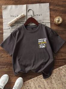 男童休闲印花圆领短袖T恤，夏季上衣 - 深灰色 - 查看 7