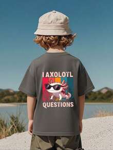 男童休闲印花圆领短袖T恤，夏季上衣 - 深灰色 - 查看 5