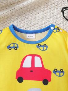 Pelele de manga corta con estampado de coche amarillo para bebé niño, primavera/verano - Amarillo - Ver 3