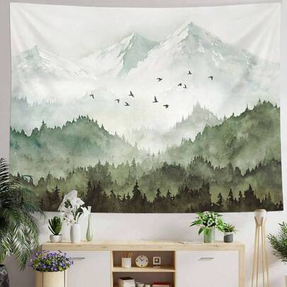 - Tapiz de bosque de montaa, niebla verde salvia, paisaje de rbol de acuarela, tapiz de pared para recmara, sala de estar, teln de fondo de 36x 48 pulgadas