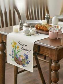 1pc Easter Bunny Pattern Table Runner, Easter Style Table Decor, Linen Material, Available In Multiple Sizes, Suitable For Home Dining, Kitchen Decoration, Home Decor, Outdoor Party And Restaurant Decoration, Textured Linen Appearance - Multicolor - View 1