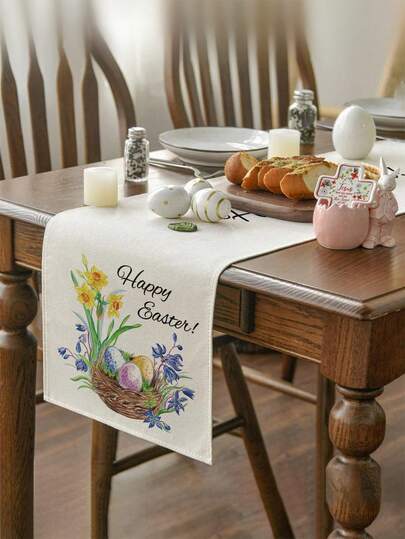 1pc Easter Bunny Pattern Table Runner, Easter Style Table Decor, Linen Material, Available In Multiple Sizes, Suitable For Home Dining, Kitchen Decoration, Home Decor, Outdoor Party And Restaurant Decoration, Textured Linen Appearance