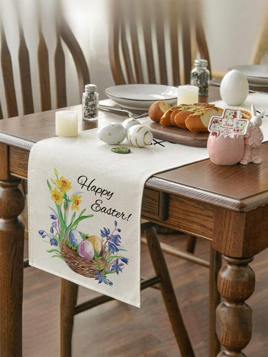 1pc Easter Bunny Pattern Table Runner, Easter Style Table Decor, Linen Material, Available In Multiple Sizes, Suitable For Home Dining, Kitchen Decoration, Home Decor, Outdoor Party And Restaurant Decoration, Textured Linen Appearance - Multicolor - View 1