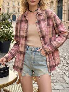 YUXIN Pink Plaid Women Long Sleeve Loose Casual Shirt Top With Pockets, Spring/Summer - Pink - View 7