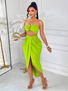 AIJ 女士荧光绿镂空性感优雅露肩连衣裙 夏季 - 綠色 - 查看 6