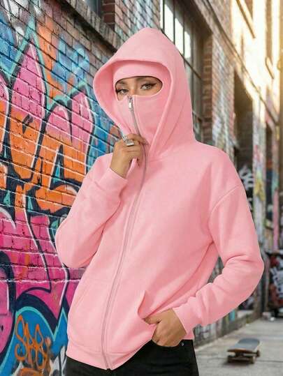 Oversized Long Balaclava Hat, Can Cover Face & Head, Women's Double-Zipper Hooded Sweatshirt With Pockets, Fleece Lined Warm, Suitable For Autumn/Winter/Spring, Suitable For Vacation/School/Home/Daily/Street/Photography, Styles: Minimalist/Y2K/Casual/College/Street/Office/Cute/Sexy, Women's Autumn/Winter/Christmas/New Year Outfit, Outerwear, Fashionable