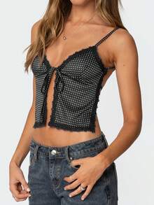 Women Tie Front Split Cami Tank Top Y2K Dots Print Lace Trim Spaghetti Strap V Neck Slim Fit Camisole Crop Tops Sexy Backless Sleeveless Low Cut Vests Shirts Summer Going Out Tops Streetwear - 黑色 - 查看 5