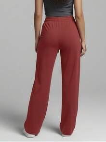 Women's Wide-Leg Sweatpants, High Waist, Faux Drawstring, Wide Waistband, Flare Leg, Comfortable Summer Style - 紅色 - 查看 2