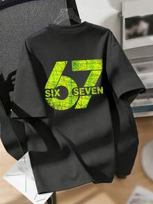 Tween Boy- Creative Green Number 67 Print T-Shirt, Suitable For Casual, Streetwear, School, Event Wear, Fashionable Boys Summer Top - Dark Grey - View 6