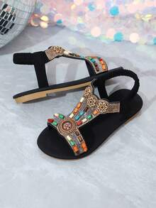1 Pair Kids Summer Flat Sandals, Colorful Rhinestone Elastic Band Slip-On, Bohemian Style Flower Decor, Children Beach Sandals, Suitable For Vacation. The Color And Arrangement Of The Beads Are Random. - Black - View 8