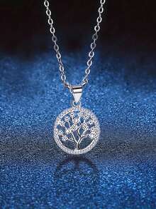 1件S925纯银镶嵌优雅锆石圆形生命之树吊坠项链，奢华日常佩戴百搭精致珠宝锁骨链，女士礼物 - 樹 - 查看 2