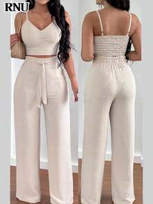 RNU Women's Apricot Elegant Gathered Bra Cup Bowknot Camisole, Paired With Elastic Waist Straight Leg Pants, 2-Piece Casual Outfit Suitable For Holiday, Beach, Valentine's Day, Carnival, Commuting, Office, Spring/Summer - Apricot - View 1