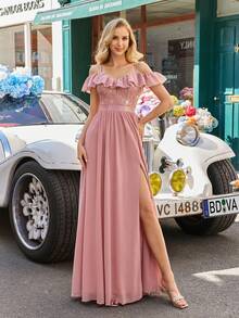 Women Luxury Spaghetti Strap Lace Sequin Formal Evening Gowns Sexy Backless Prom Wedding Guest Spring Summer Cocktail Party Maxi Dresses Pink Fall - Pink - View 4