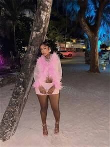 New Solid Mesh Patchwork Fur Long-Sleeved Tight Skirt Two-Piece Set - 粉色 - 查看 1