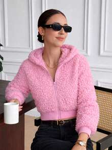 Chamarra corta para mujer de moda peluche teddy con capucha unicolor para uso casual en temporada invierno - Rosa - Ver 1