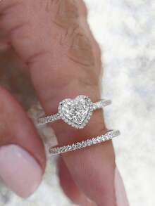CVNANA 两件套奢华立方氧化锆女士戒指套装，闪亮椭圆形订婚结婚承诺永恒戒指，优雅珠宝，情人节、母亲节、圣诞节礼物 - 愛心銀色 - 查看 15