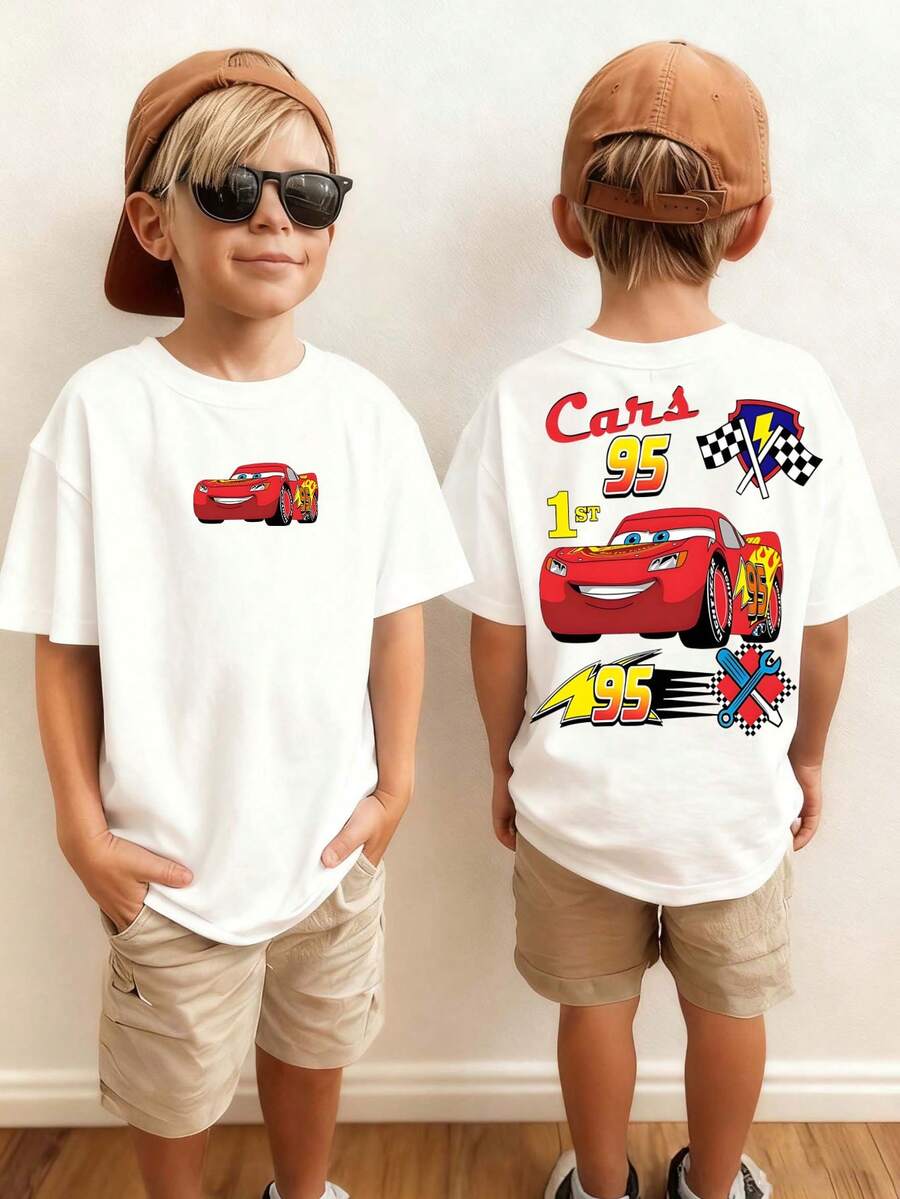 Disney Cars Lightning McQueen Front & Back Print Kids T-Shirt, Cool No.95 Racing Car Themed Short-Sleeve Top For Boys - trắng - Xem 1
