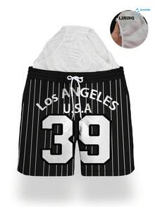 Men's Summer Letter Print Pattern Drawstring Waist Slant Pocket Hawaiian Quick-Dry Double-Layer Mesh Lined Shorts, 3D Print Fashion Casual Beachwear Swim Trunks - Black and White - View 2