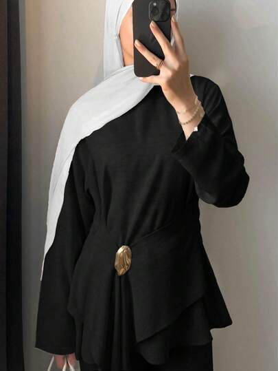 Solid Asymmetrical Split Hem Metal Detail Top & Pants Modest Set