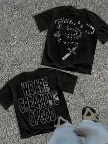 Unisex "We Are Creations Of God" Graphic T-Shirt, Double-Sided Rosary Cross Print 220G Cotton Y2K Streetwear Tee Y2K Dark Aesthetic Tee Breathable & Comfortable Cotton - Black 2 - 查看 11