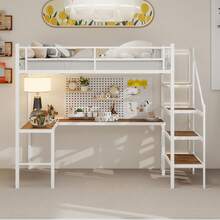 High Bed With L-Shaped Desk, Spacious Storage And Trellis, Sturdy Bed Frame With Stairs, Black, White. - White - View 8