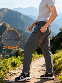 Men's Lightweight Straight Leg Pants, Boyfriend Style With Zipper Pockets, Solid Color Drawstring Waist, Comfortable Breathable Suitable For Outdoor Activities, Casual Wear, Street Fashion, Retro, Vacation, Country, Hip-Hop - Grey - View 4