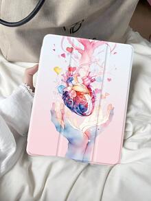 A Tablet Case Featuring A Heart-Shaped Branch Motif, Hand-Painted Double-Sided Printed Tablet Sleeve, Multi-Angle Adjustable Tablet Stand, Foldable Tri-Fold Tablet Cover With Stylus Slot, Magnetic Auto-Sleep/ Wake Smart Power-Saving Feature, High-Transparency Back Panel - Multicolor - View 3