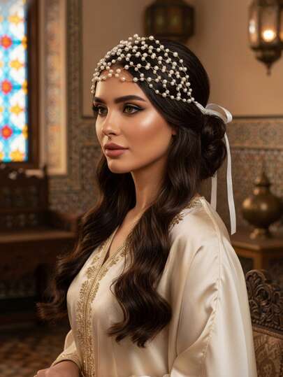 Eid Bridal Pearl Mesh Headpiece, Romantic Ribbon Bow Wedding Hairband, Luxury Princess Tiara For Engagement & Anniversary Faux Pearl Mesh Lattice Hairband With Ribbon Tie, วินเทจ Wedding Hair Accessories For Bride & Bridesmaid, Elegant Party Headpiece