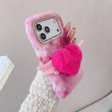 一套毛绒天使翅膀手机壳 - 纯色吊坠爱心系列，兼容 15 Pro Max、S23 Ultra、OPPO 和 VIVO 手机 - 粉色 - 查看 4