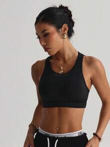 Soutien-gorge de sport en tricot à col rond amovible et rembourré, avec patchwork en maille et dos croisé, couleur unie pour femmes - Noir - Voir 5