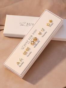 10件/套暖金色甜美7日耳环礼盒装，5对独特锆石心形/花朵/蝴蝶结耳环套装，精致通勤款，ins风，适合日常搭配/节日礼物，小众礼盒包装，美白处理，耳环款式不重复 - 耳環套裝 - 查看 7