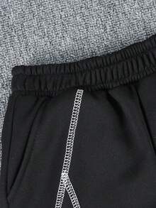 Pantalones cortos deportivos de punto con costura de contraste holgados para adolescentes, pantalones cortos tipo bermuda casuales de moda para primavera y verano, versátiles para uso diario en la escuela - Negro - Ver 9