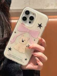 蝴蝶结可爱甜美小狗手机壳，兼容 17 Pro/17 Pro Max/16/15/全包覆 17/软壳 14 Pro Max/13/12/11，防震手机保护套 - 白色 - 查看 2