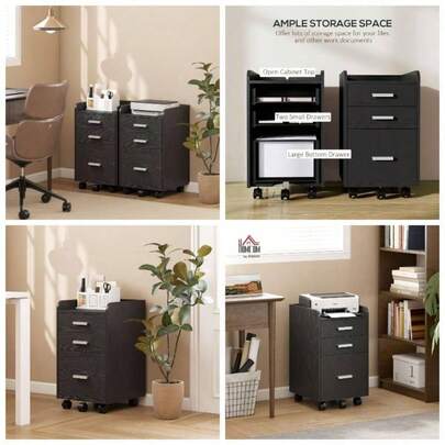 3 Drawer Filing Cabinet, Rolling Under Desk Drawers With Edged Top Letter, A4 Size, Hanging File Folders Home Office, Black