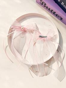 2个装女士可爱粉色网纱蝴蝶结发夹，百搭珍珠丝带蝴蝶结侧夹，优雅芭蕾舞风格丝带发夹，适合日常使用 - 粉色 - 查看 2