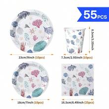 海洋主题一次性餐盘、餐巾纸和杯子套装，可供10位客人使用，适合生日、婚礼、派对、家庭野餐等场合。 - 彩色 - 查看 2