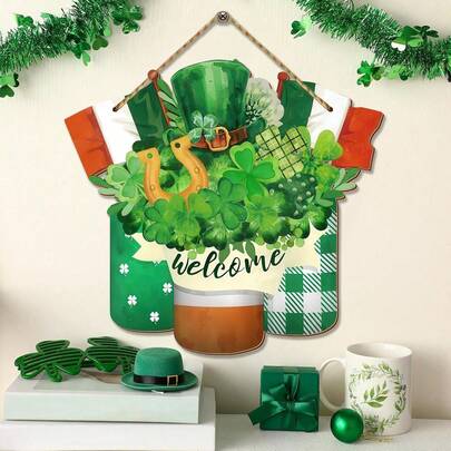 圣帕特里克节装饰 三叶草欢迎木门牌 爱尔兰门挂 春夏悬挂装饰 农舍门廊装饰 家居户外乔迁
