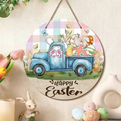 1pc Easter Wreaths For Front Happy Easter Blue Truck Door Sign For Front Door Decor,Bunny Rabbit Eggs Butterflies Wooden Sign Round Colorful Plaid Check Hanging Door Sign Decoration For Wall Rustic Decor Suitable For Easter Party Decorations And Festive Home Decor Ornaments