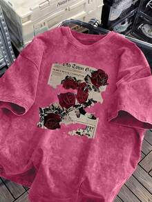 Edgy  Graphic T - Shirt,Comfortable Casual Short Sleeve, 220 Grams Heavyweight Cotton Printed T-Shirt - 玫紅色 - 查看 1