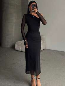 SUNSTORY 不对称领口长袖褶皱网纱连衣裙，展现女性魅力，优雅迷人，适合年轻女士，时尚性感，浪漫妩媚，是下午茶、早午餐等场合的理想之选，黑色中长款连衣裙 - 黑色 - 查看 7