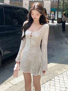 Elegant Flare Sleeve Hollow Lace Embroidery Long Sleeve Waist Cinched Midi Dress, Fitted & Slimming - White - View 1