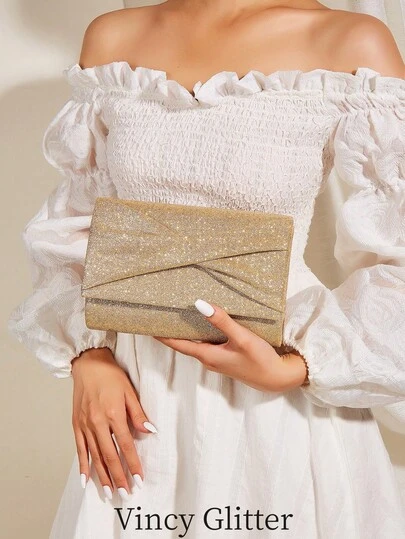 Glittery Bow Flap Clutch Bag, Elegant Handbag For Formal Events, Parties, Weddings, Versatile Shoulder/Crossbody Chain Bag, Fashion Accessory