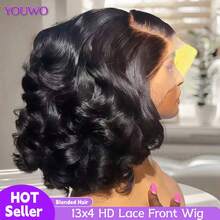 自然黑色 13x4 高清透明蕾丝前手工编织假发，搭配 Bady Hair 蓬松波浪卷发，真人混纺蕾丝前额巴西原生发假发，女士款 - 自然色&黑色系 - 查看 2