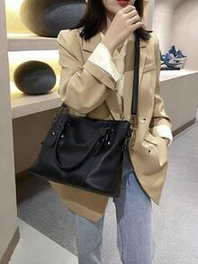 1件 PU 新時尚歐美復古極簡大容量托特包 - 黑色 - 查看 4
