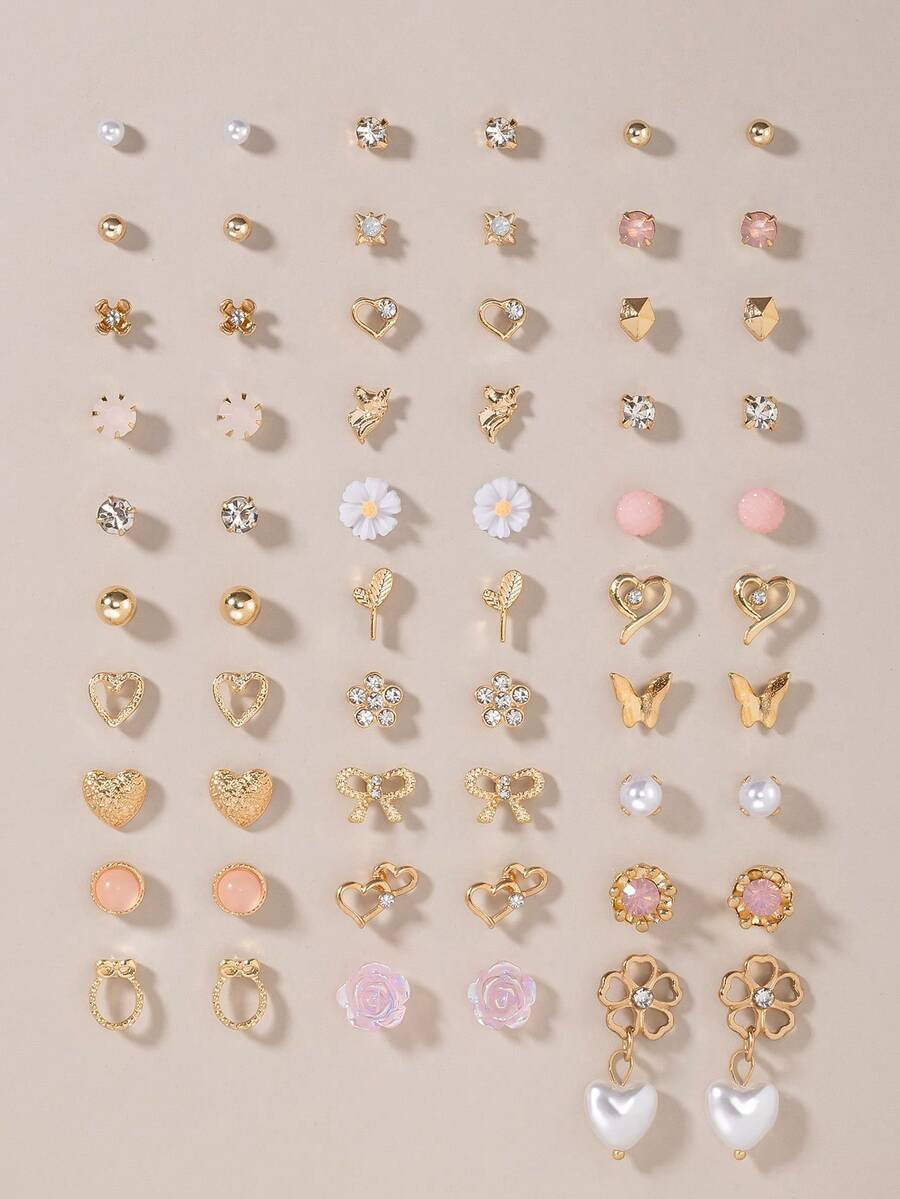 60pcs/Set Fashion Metal Butterfly, Heart, Rhinestone, Moon, Flower Stud Earrings Set, Holiday Gift For Women, Daily Wear - Yellow Gold - View 1