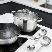 12‑Piece Stainless Steel Cookware Set With Glass Lids, Induction Compatible Pots And Pans, Includes Saucepan Frying Pan & Stockpots, Heat Resistant Handles, Mirror Polished Anti‑Rust Dishwasher, Modern Professional Kitchenware Essentials Gear - Silver 6 - View 7