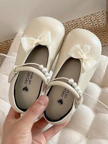 1双儿童珍珠带PU皮防滑圆头平底公主风玛丽珍鞋 生日派对/日常婴儿平底鞋 - 米色 - 查看 2