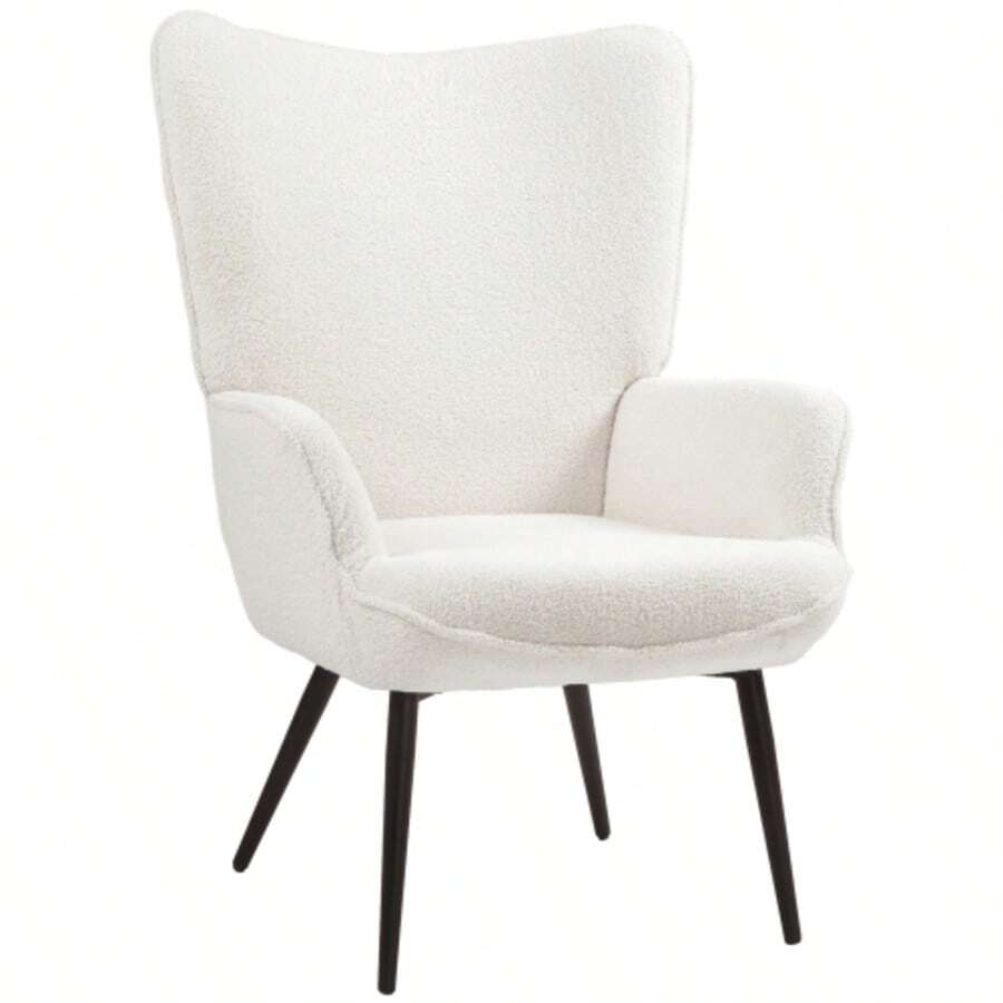 Wingback Armchair, Reclining Upholstered Armchair With Armrests, Metal Legs, Living Room Armchair, Bedroom, Cream White - White - View 1
